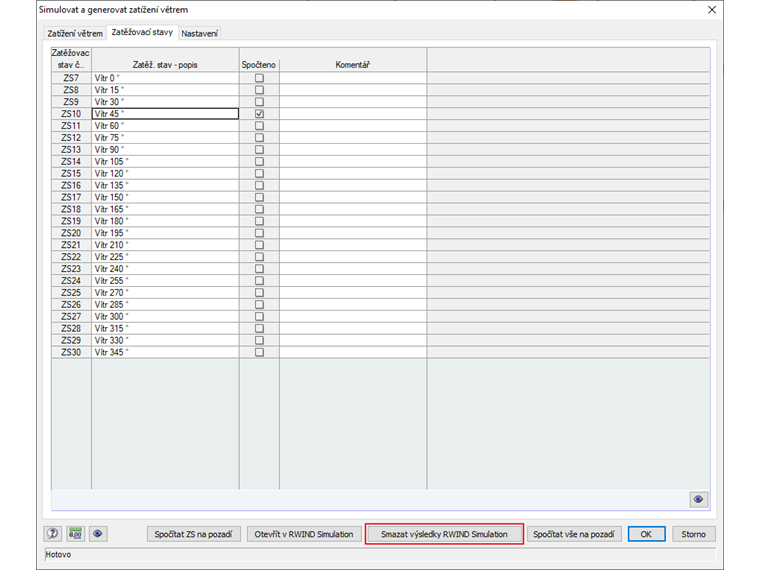 Smazání výsledků programu RWIND Simulation