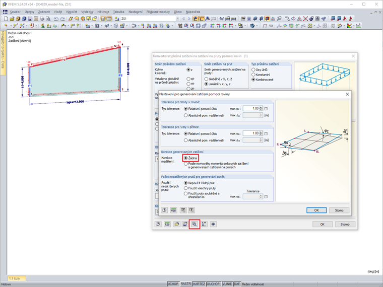 Dialog "Nastavení pro generování zatížení pomocí roviny"