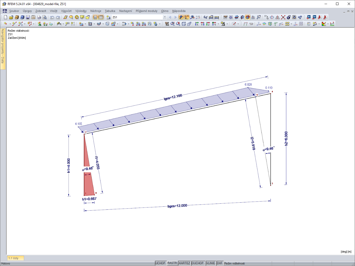 Vygenerované zatížení na prut z plošného zatížení
