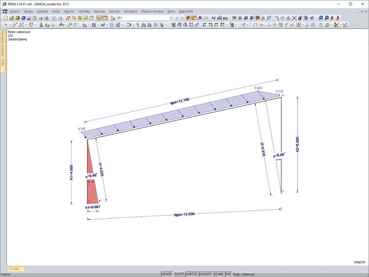 Vygenerované zatížení na prut z plošného zatížení