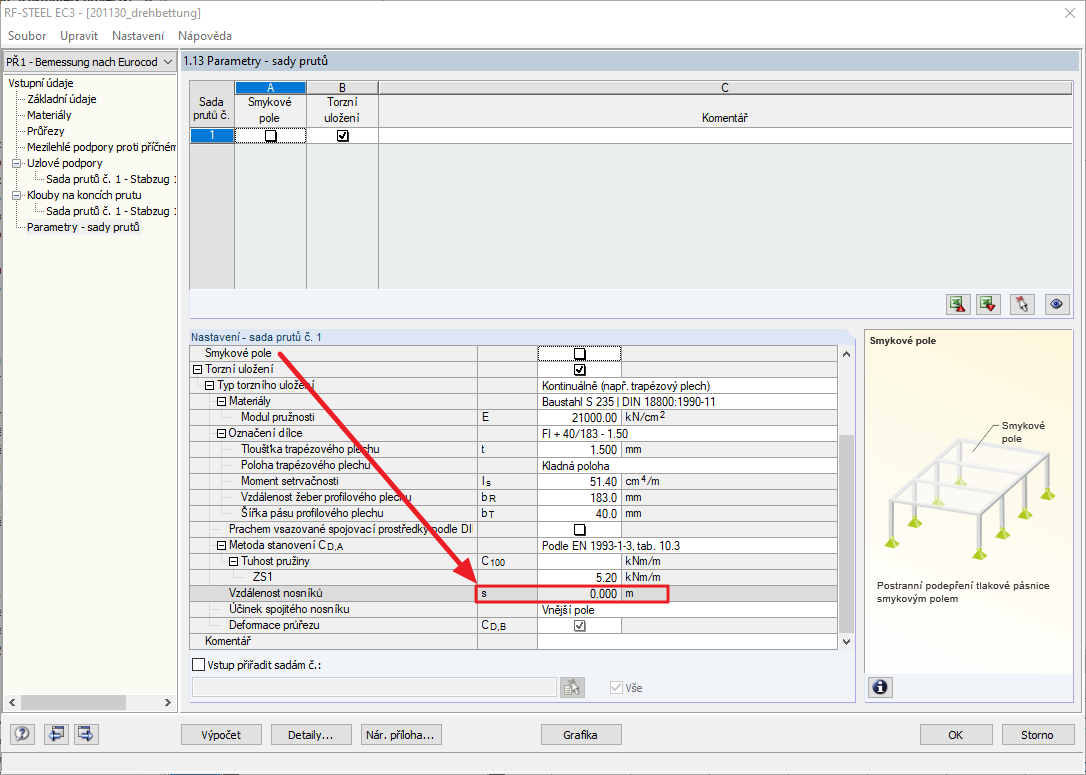Torzní uložení - Vzdálenost nosníků