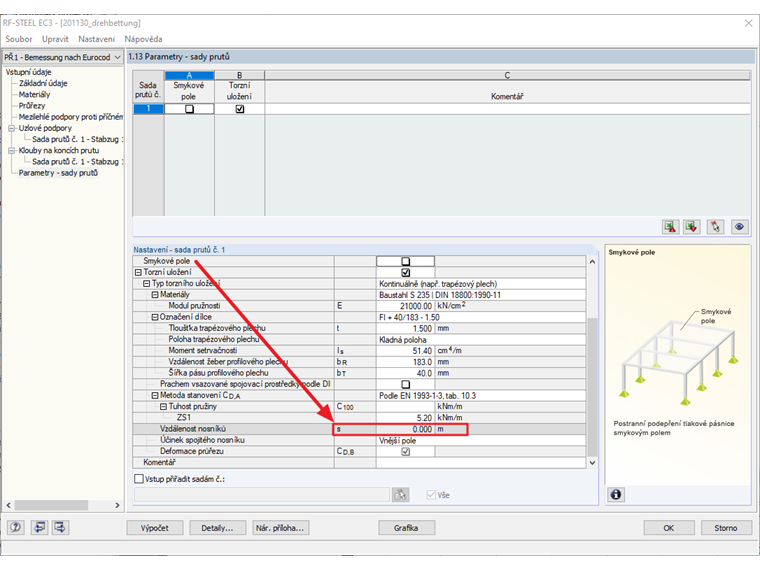 Torzní uložení - Vzdálenost nosníků