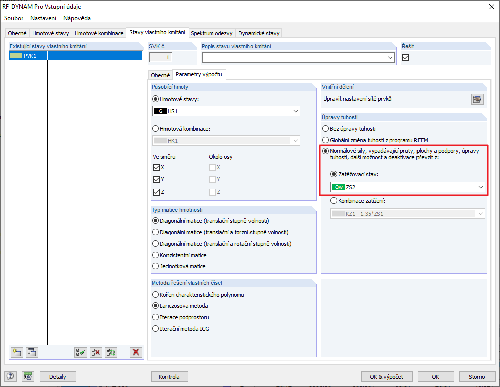 Stavy vlastního kmitání - Změny tuhosti