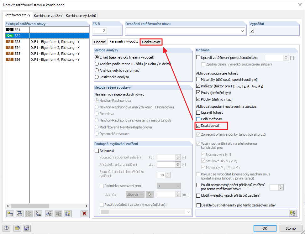 Deaktivace prutů v původním zatěžovacím stavu
