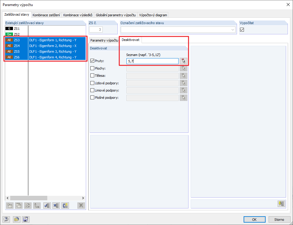 Deaktivace prutů v dynamických zatěžovacích stavech