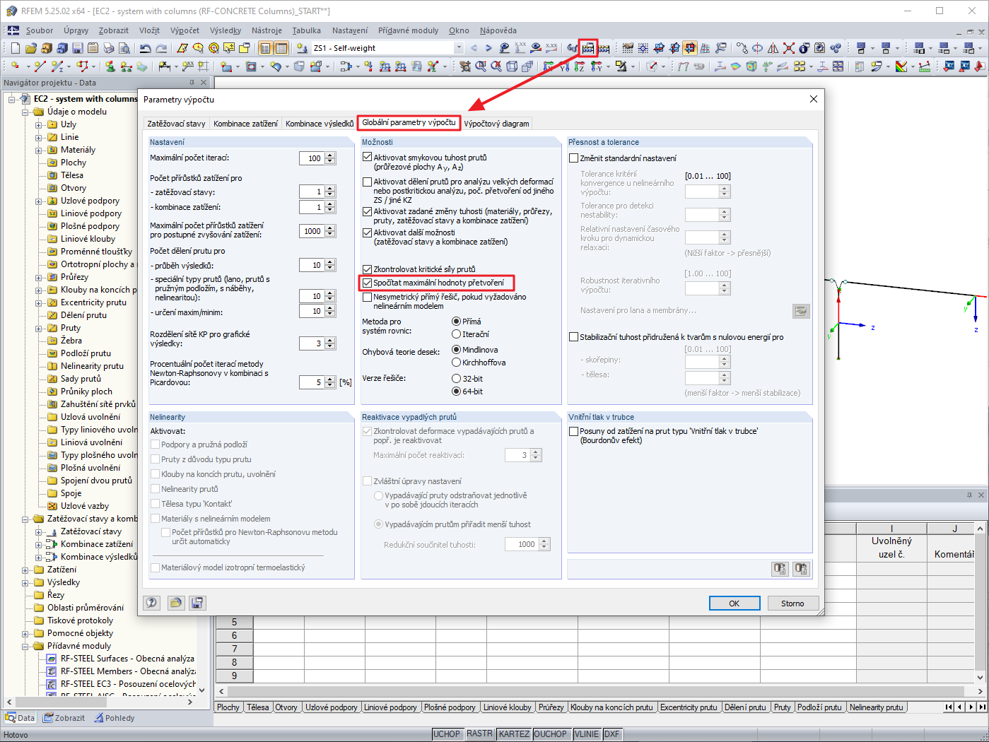 Výpočet maximálního přetvoření lze deaktivovat v Parametrech výpočtu.