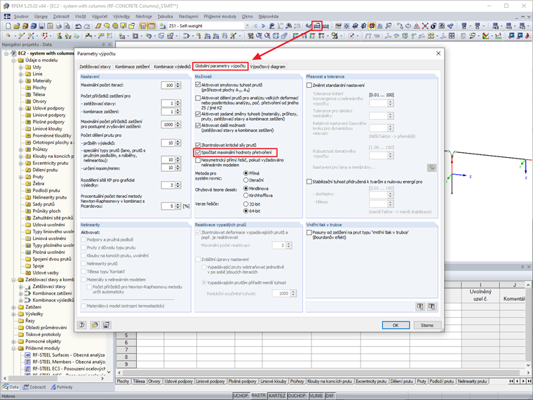 Výpočet maximálního přetvoření lze deaktivovat v Parametrech výpočtu.