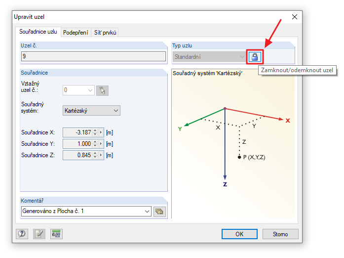 Možnost "Odemknout uzel"