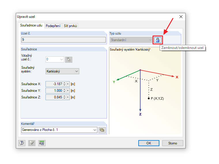 Možnost "Odemknout uzel"