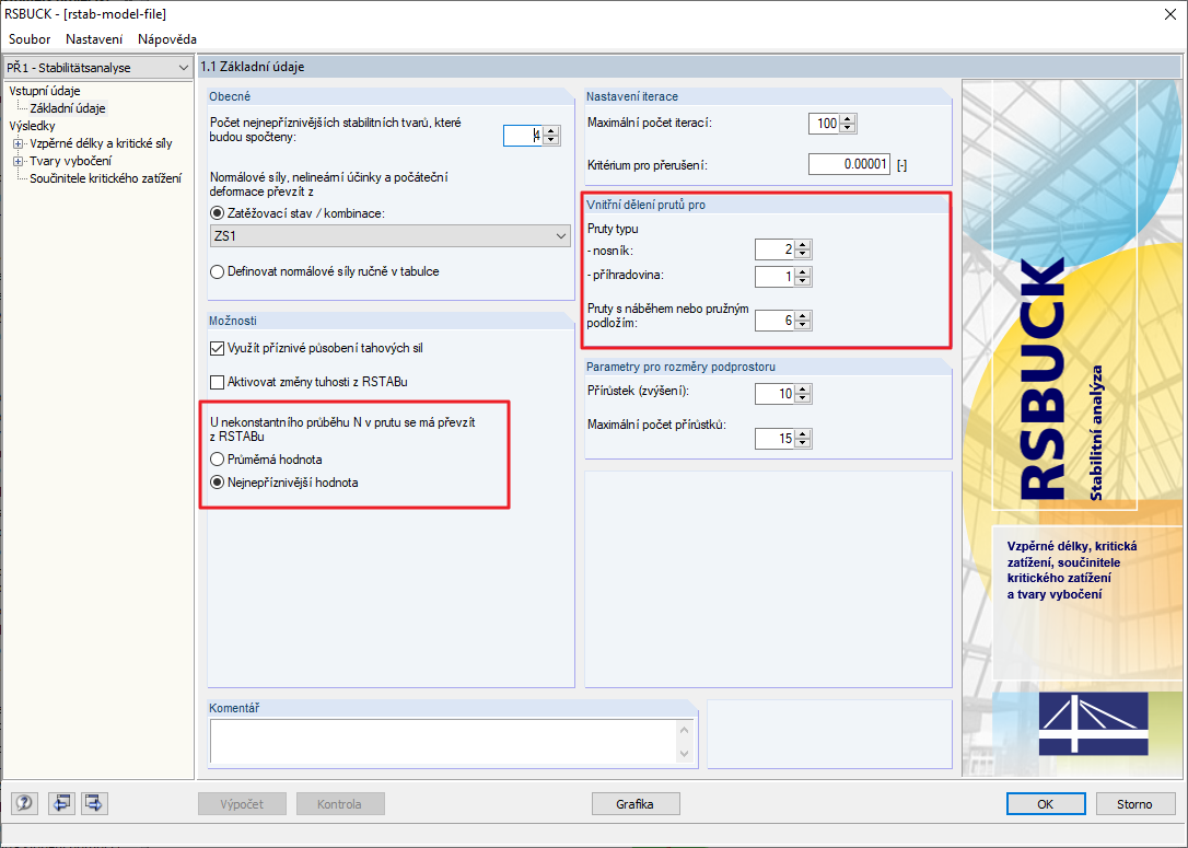 Možnosti a vnitřní dělení prutů v RSBUCK