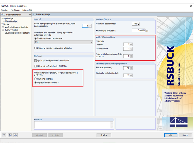 Možnosti a vnitřní dělení prutů v RSBUCK