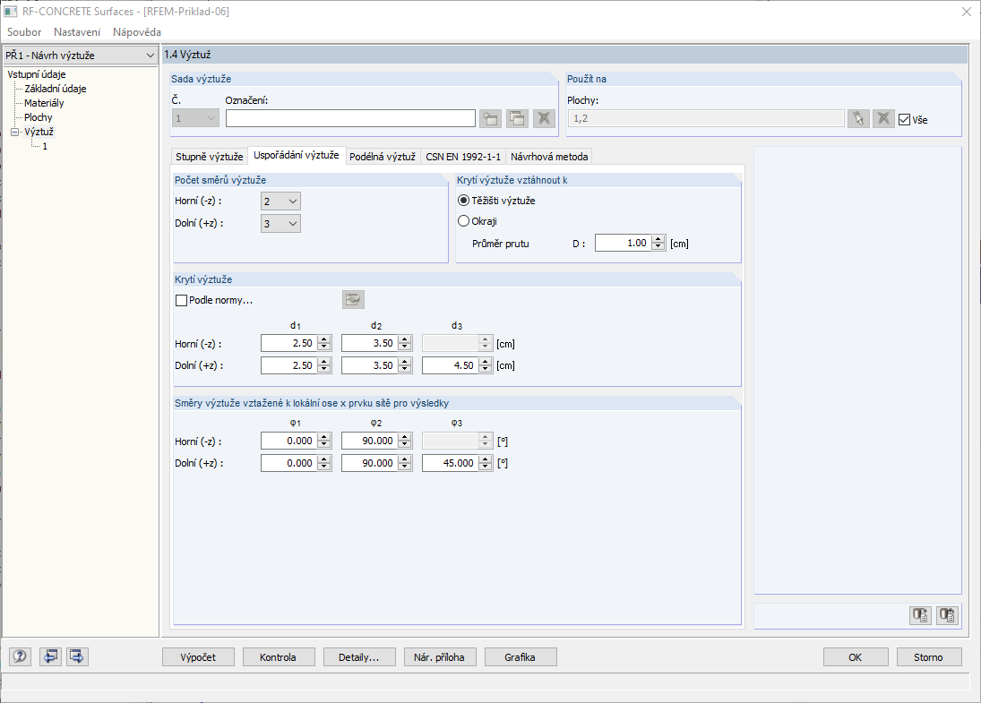 Zadání vrstev výztuže