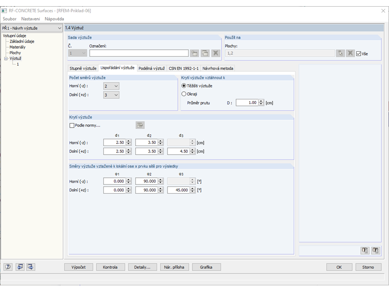 Zadání vrstev výztuže