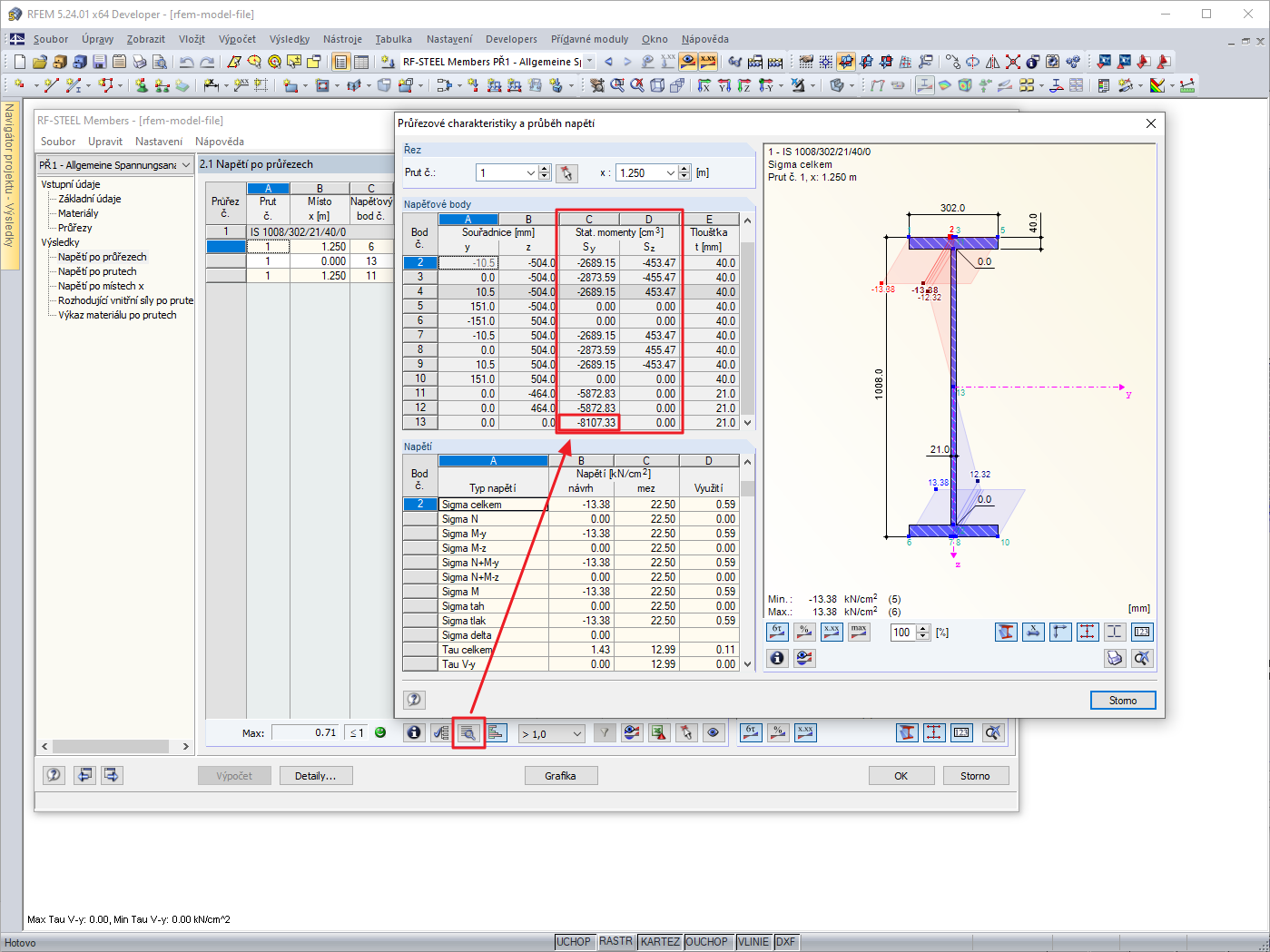 Statické momenty v přídavném modulu RF-/STEEL