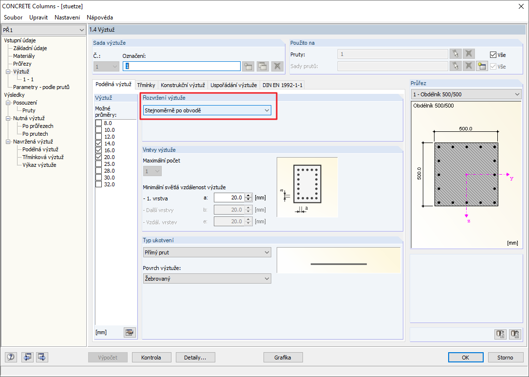 Výběr rozdělení výztuže