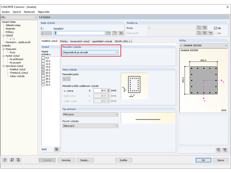Výběr rozdělení výztuže