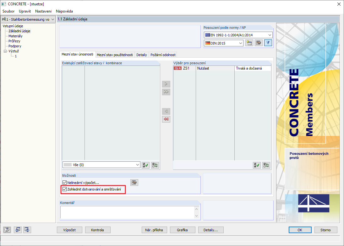 Možnost "Zohlednit dotvarování a smršťování"