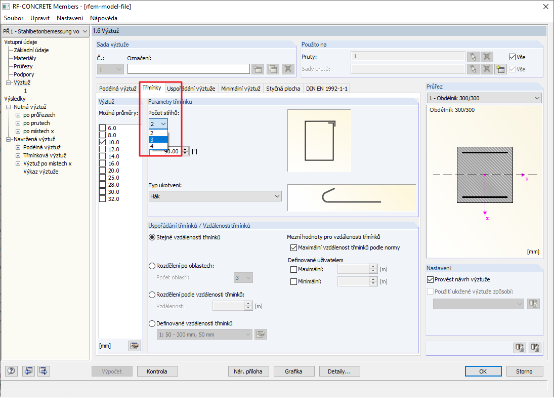 Parametry třmínku: Počet profilů