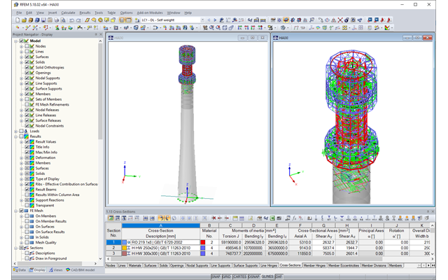 Model stožáru v programu RFEM (Vlevo: Celá věž, vpravo: Detail ocelové části) (© Allcons sro)