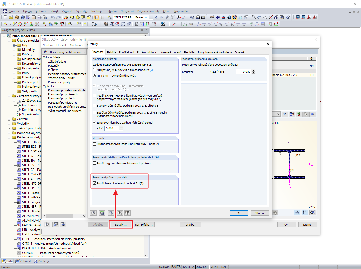Aktivace lineární interakce namáhání normálovou sílou a momentem