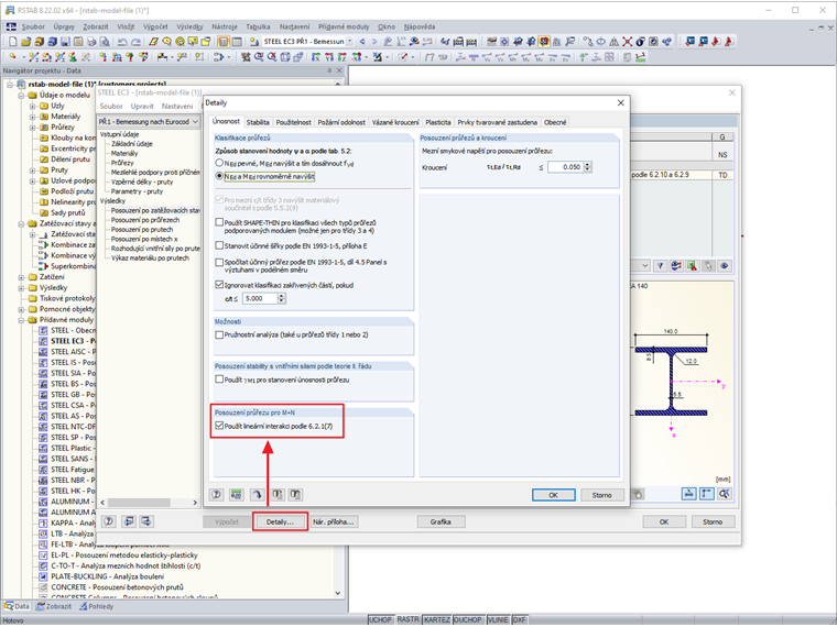 Aktivace lineární interakce namáhání normálovou sílou a momentem