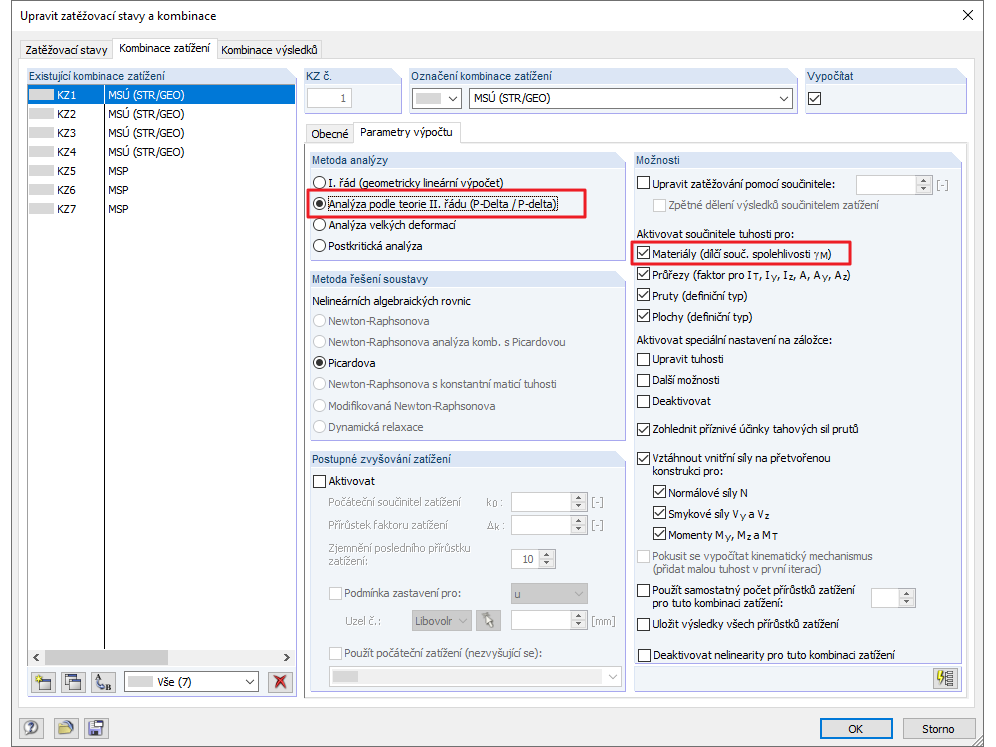 Parametry výpočtu kombinace zatížení