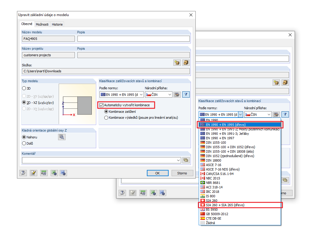 Aktivace automatického vytvoření kombinací zatížení