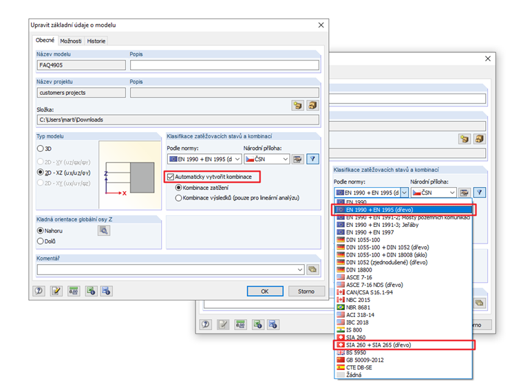Aktivace automatického vytvoření kombinací zatížení