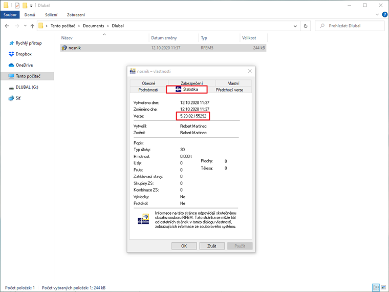 Verzi programu ve které byl model uložen, lze to nalézt v průzkumníkovi Windows > Vlastnosti > Statistika.