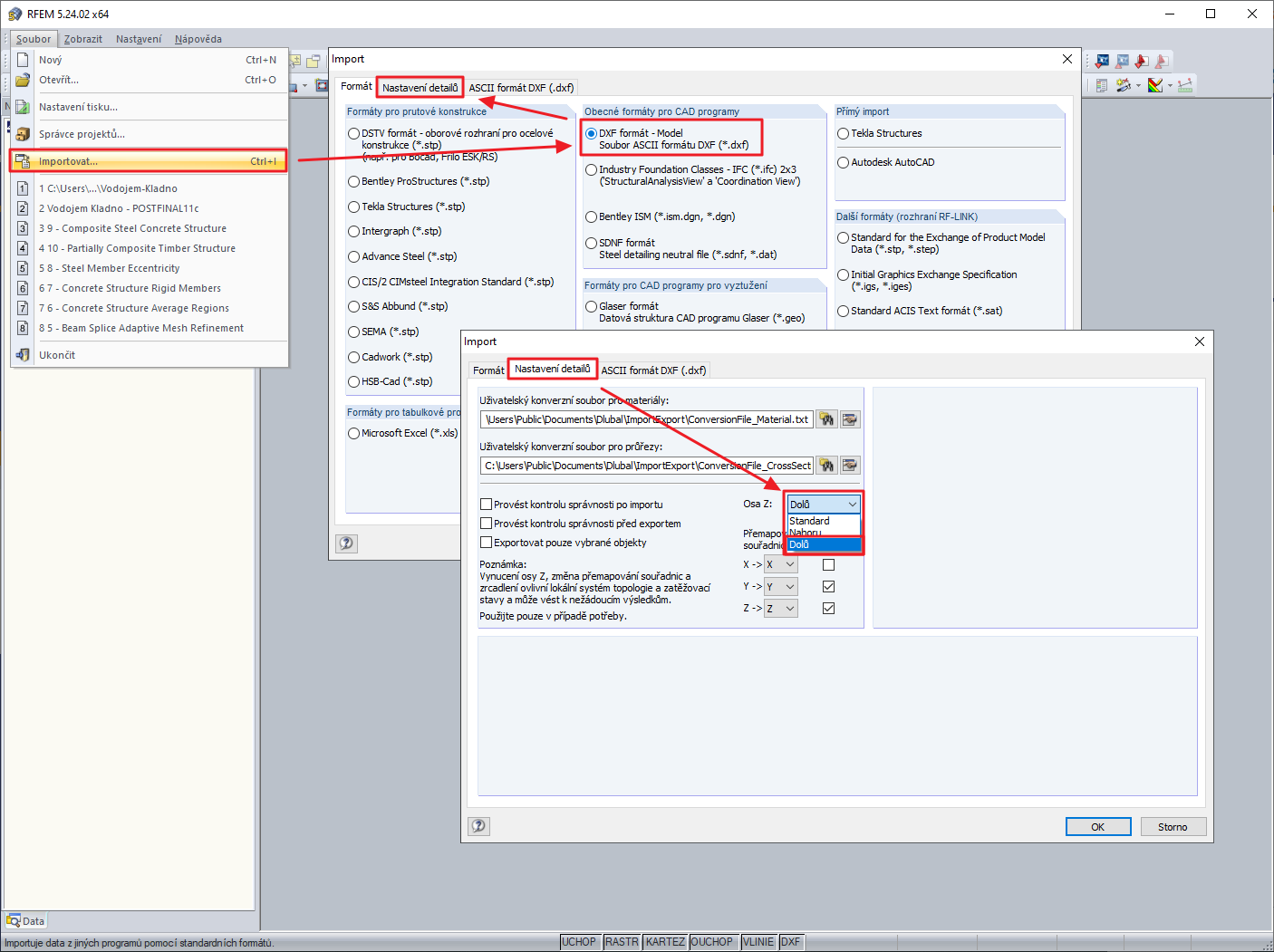 Nastavení detailů DXF → Osa Z: Dolů
