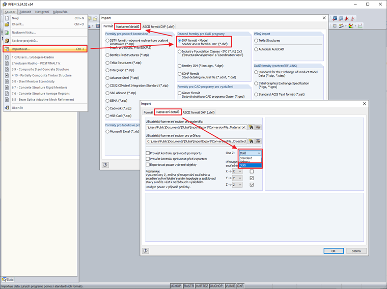Nastavení detailů DXF → Osa Z: Dolů
