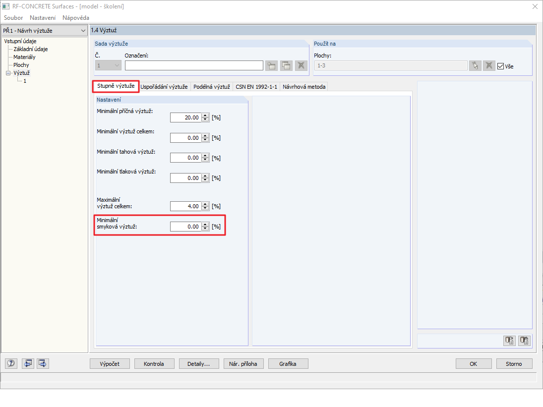 Dialog 1.4 - Stupně výztuže: Minimální smyková výztuž