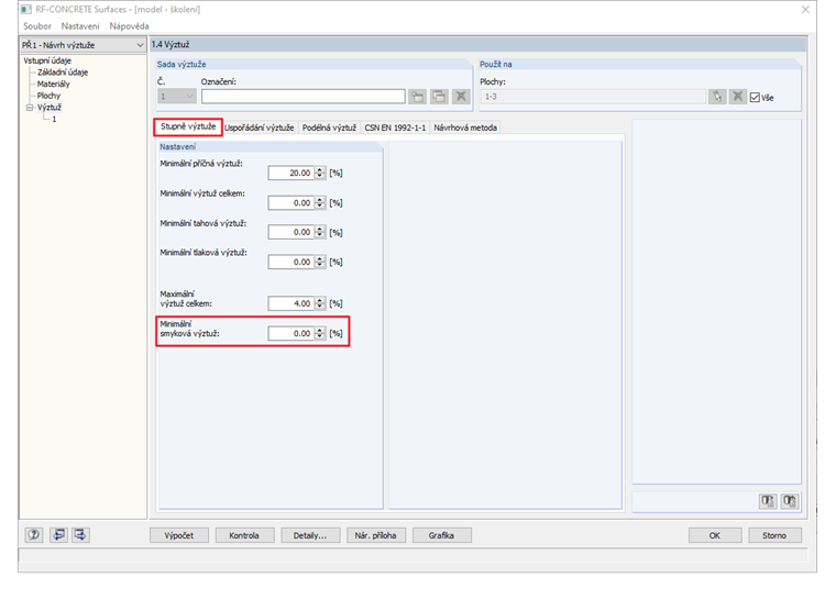 Dialog 1.4 - Stupně výztuže: Minimální smyková výztuž