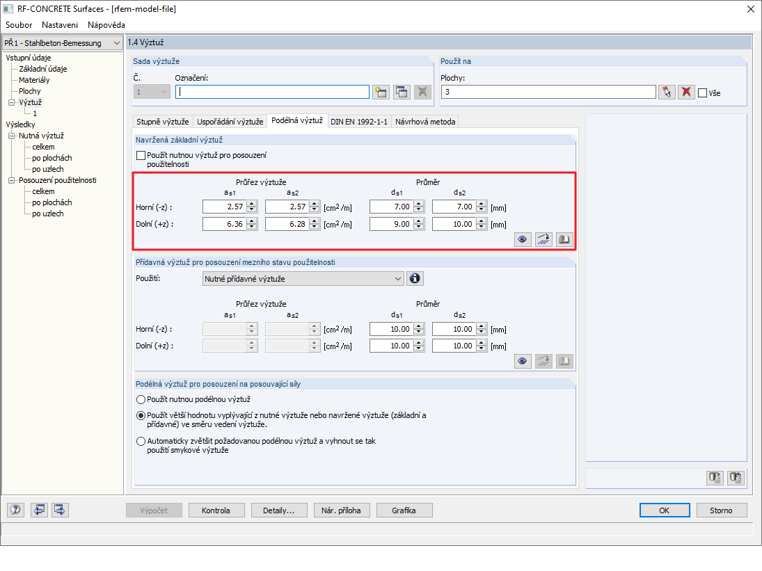 Zadání navržené základní výztuže