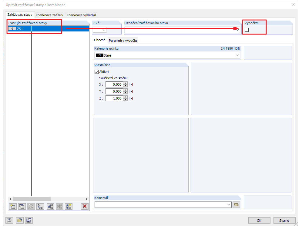Aktivace zatěžovacího stavu pro výpočet