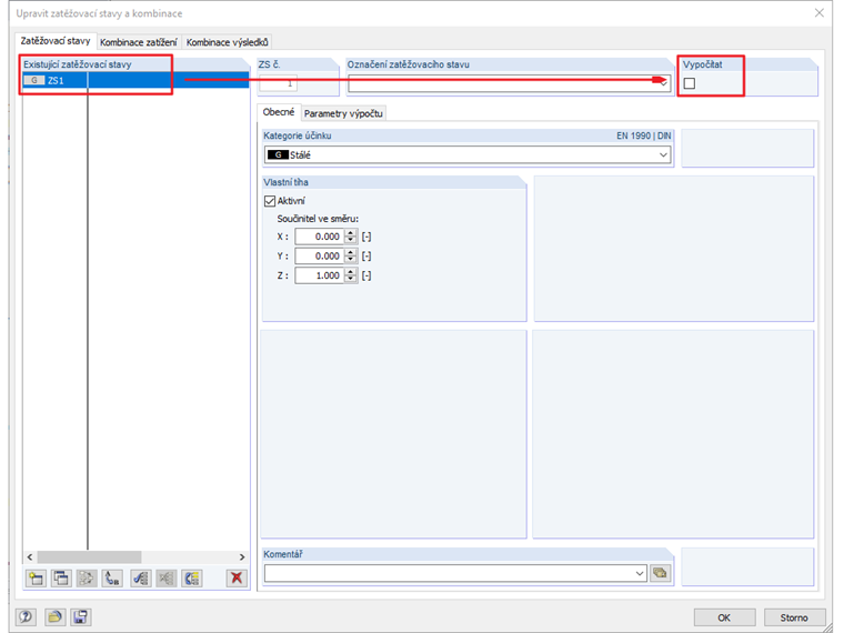 Aktivace zatěžovacího stavu pro výpočet