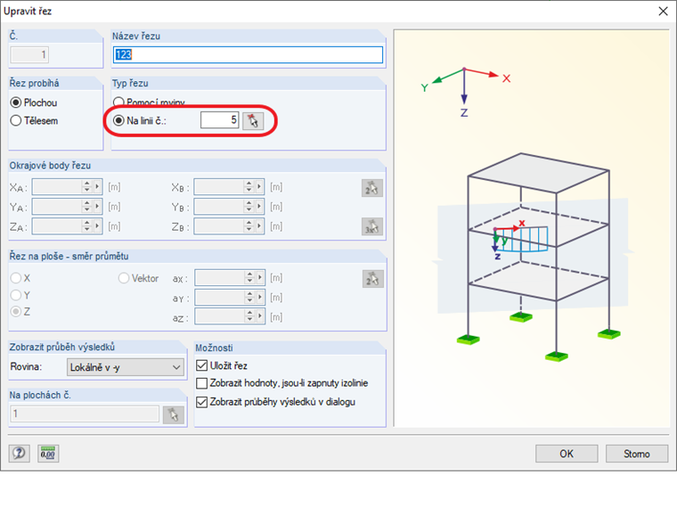 Zadání řezu na linii