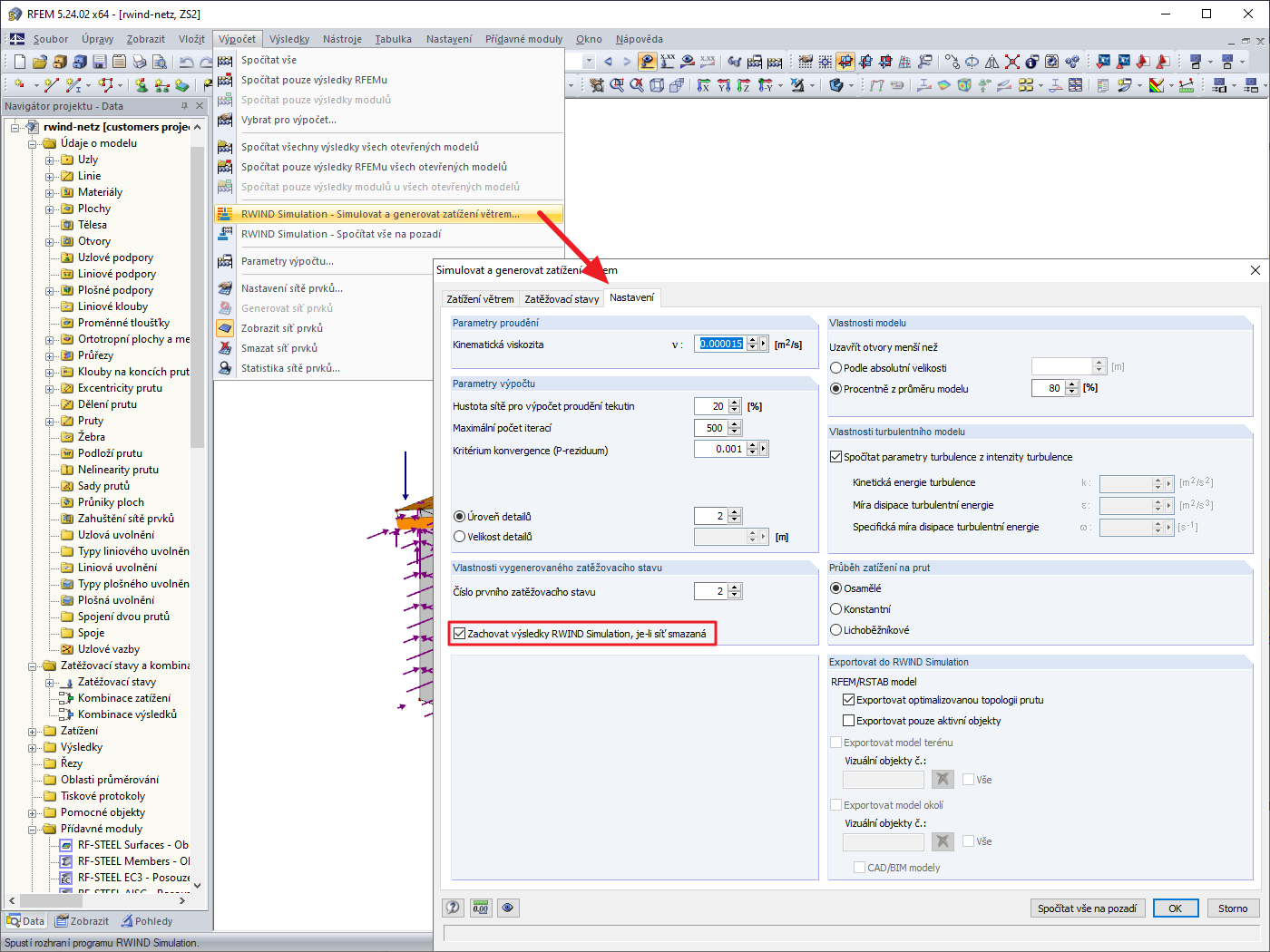 Možnost Zachovat výsledky RWIND Simulation, je-li síť smazaná