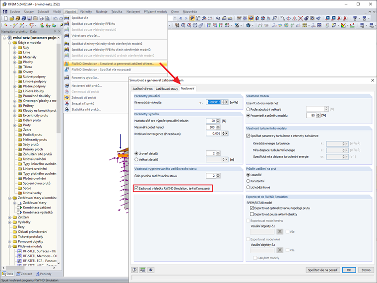 Možnost Zachovat výsledky RWIND Simulation, je-li síť smazaná