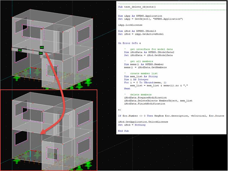 Příklad mazání prutů pomocí programování RF-COM