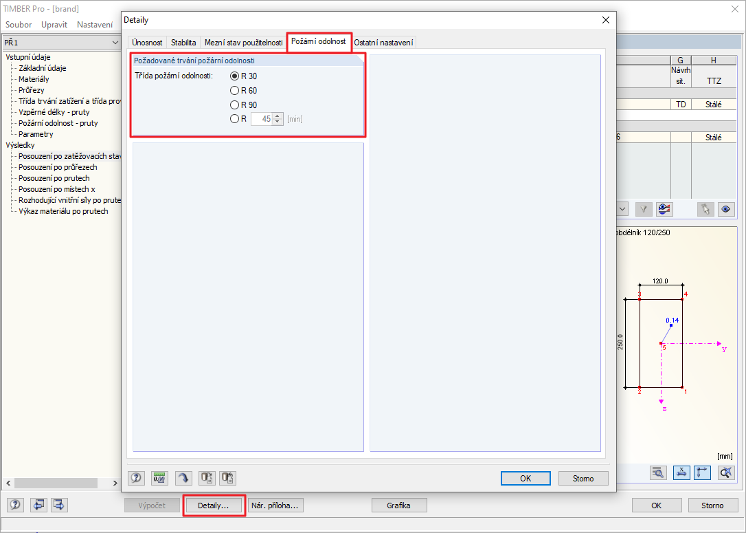Nastavení třídy požární odolnosti