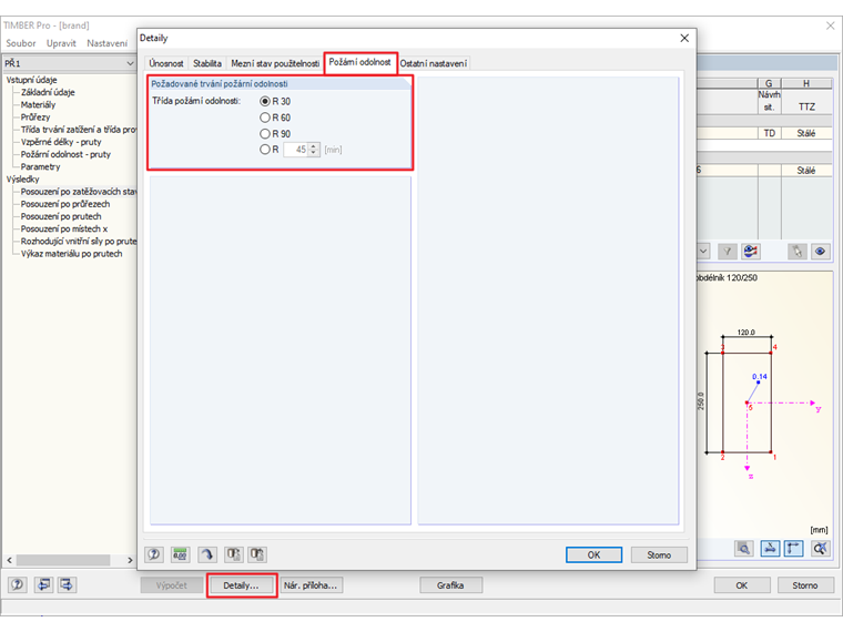 Nastavení třídy požární odolnosti