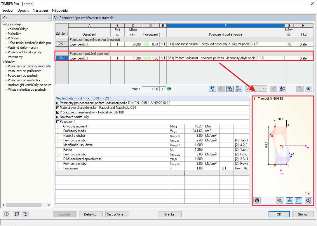 Zobrazení průřezu pro posouzení požární odolnosti