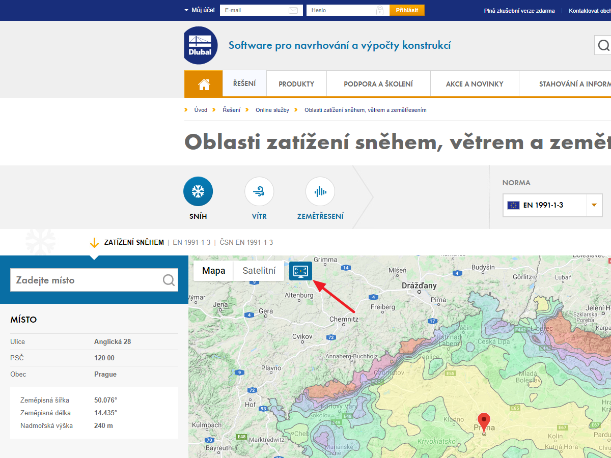 Režim celé obrazovky nástroje pro stanovení oblastí zatížení