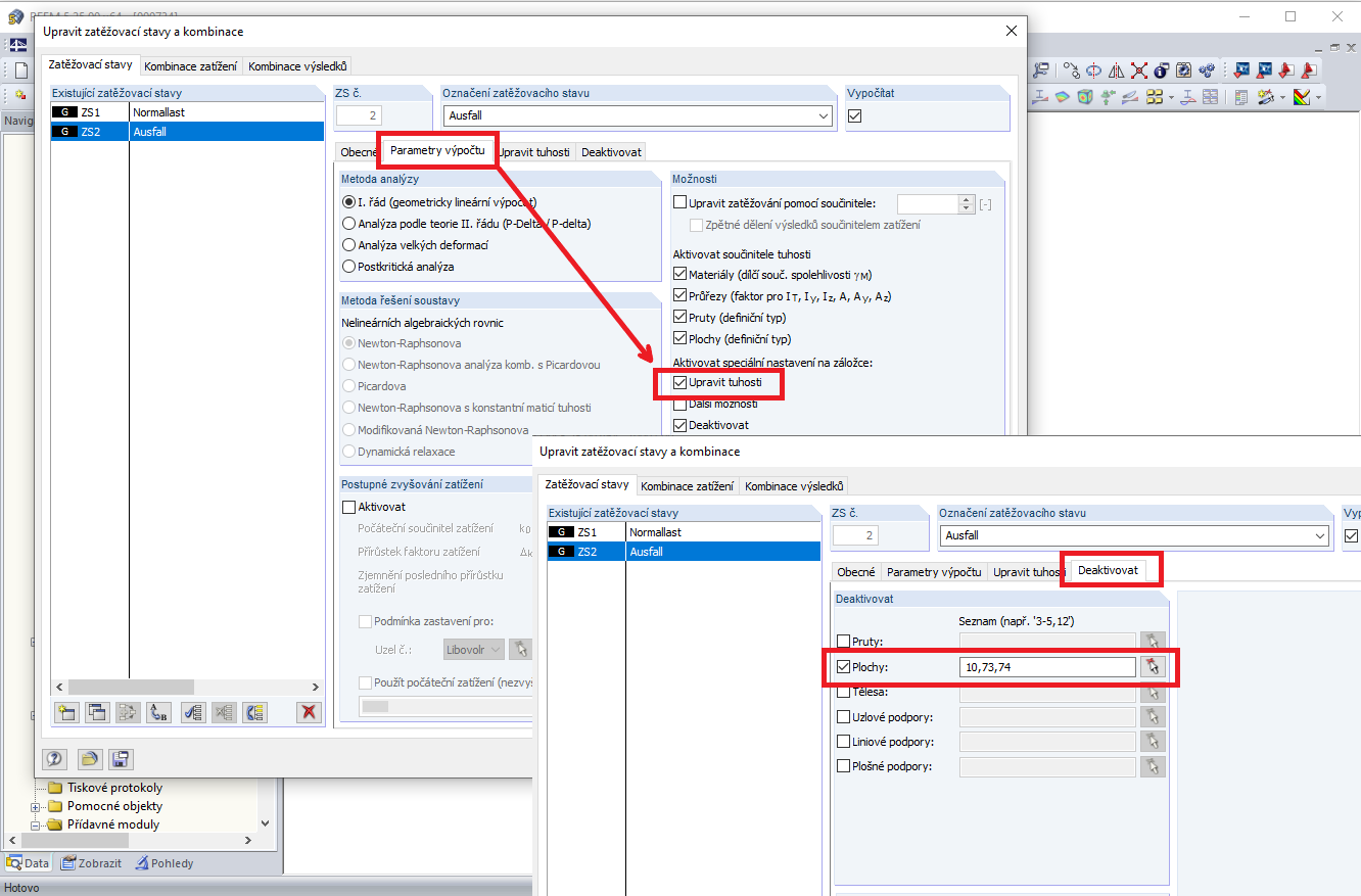 Upravené tuhosti pro simulaci neúčinnosti prvku