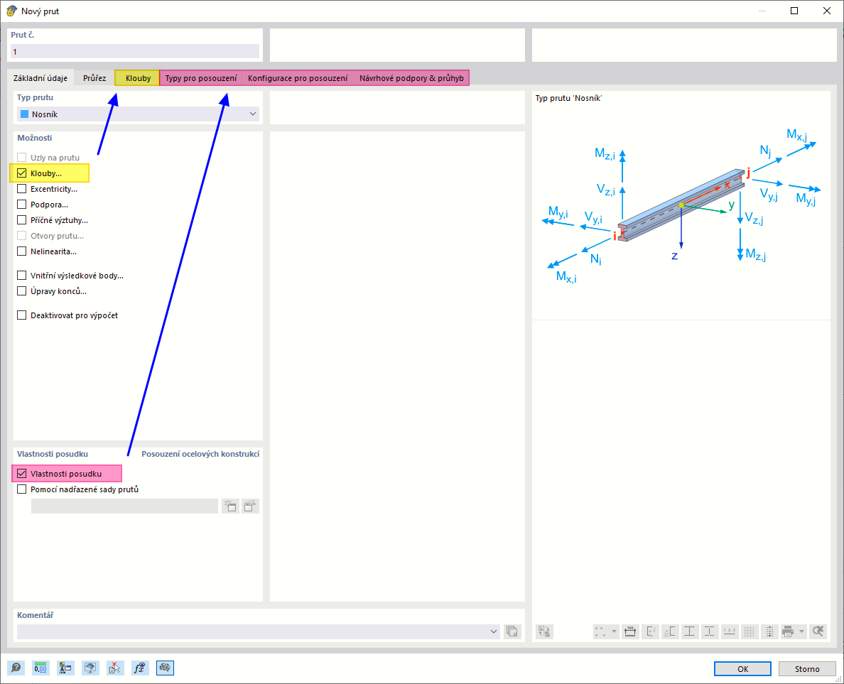 Vstupní dialog „Nový prut“ se záložkami pro vlastnosti kloubů a vlastnosti posouzení