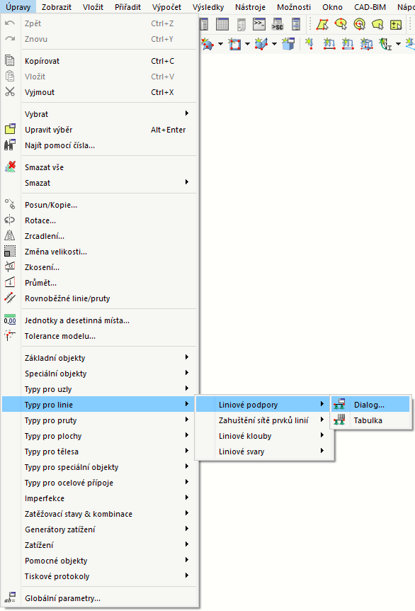 Hlavní nabídka „Úpravy“