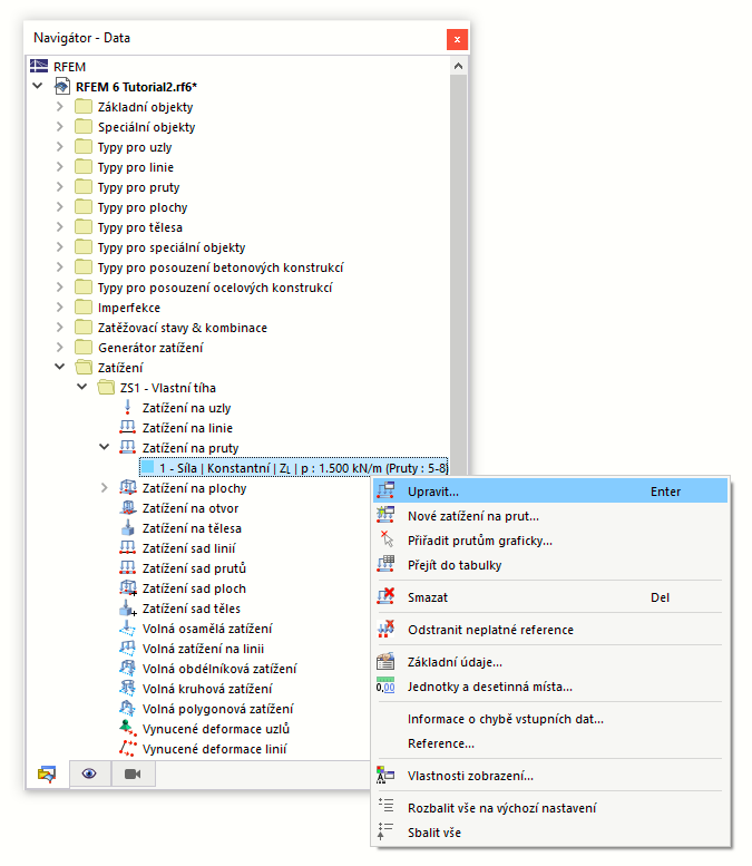 Místní nabídka pro zatížení na prut