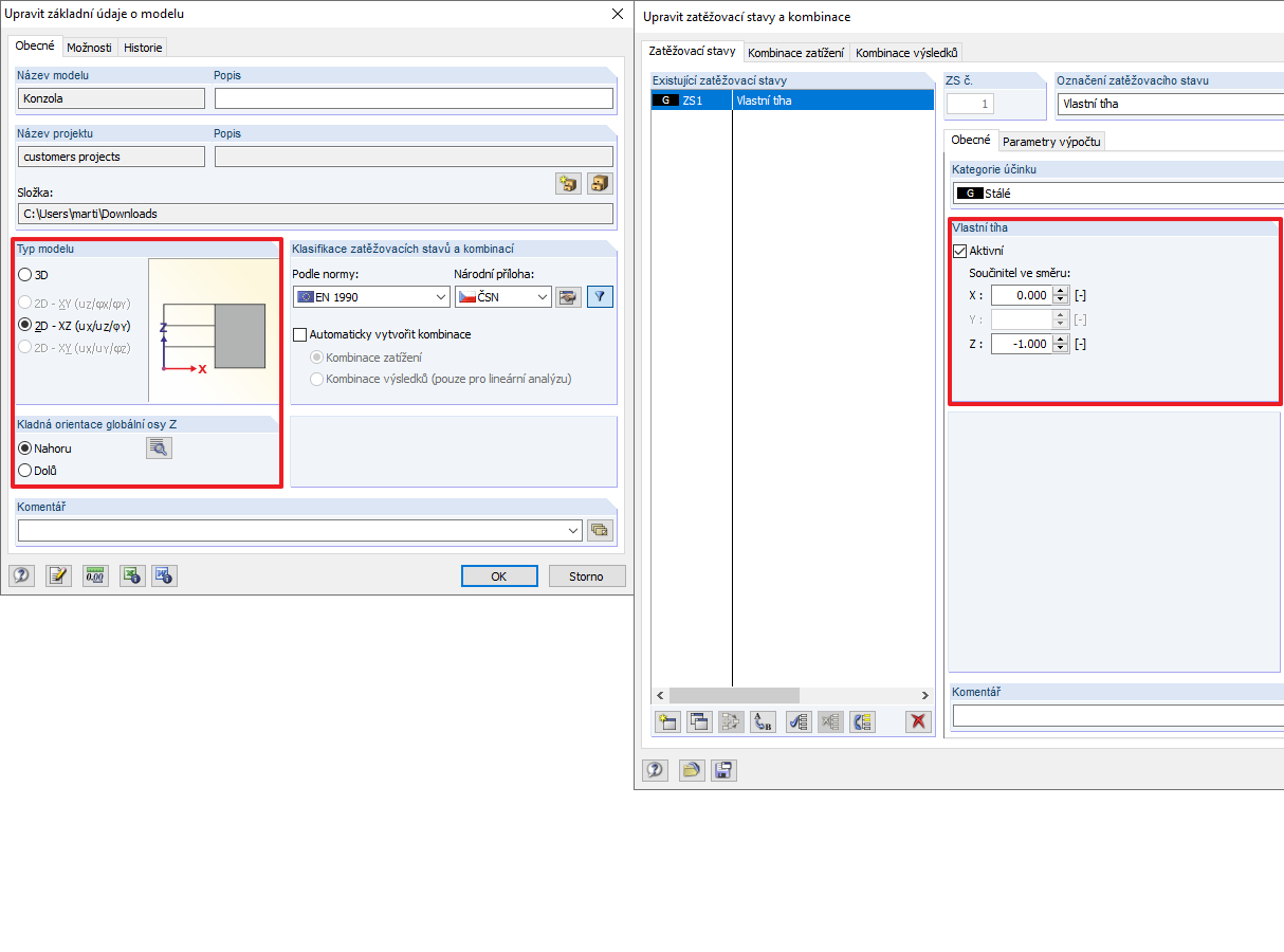 Pro 2D model svislé konstrukce je doporučeno použít typ modelu 2D -XZ.