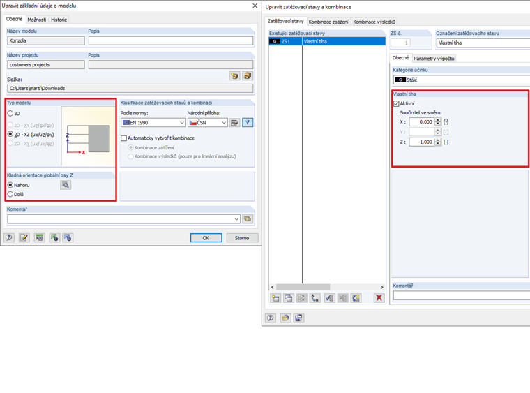 Pro 2D model svislé konstrukce je doporučeno použít typ modelu 2D -XZ.